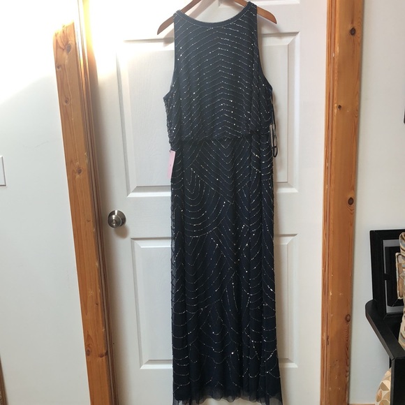 Adrianna Papell Halter Art Deco Beaded Blouson Navy Blue Dress new with defects - Picture 10 of 11